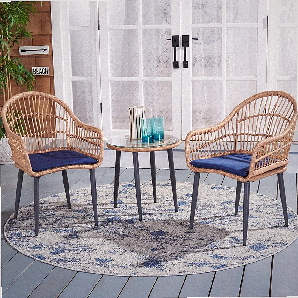 SAFAVIEH Outdoor Collection Berlen 3-Piece Lounger Set | Natural/Navy
