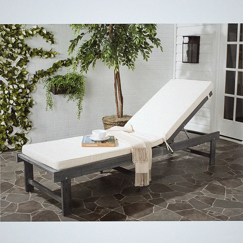 SAFAVIEH Outdoor Collection Inglewood Chaise Lounge Chair | Ash Grey/Beige