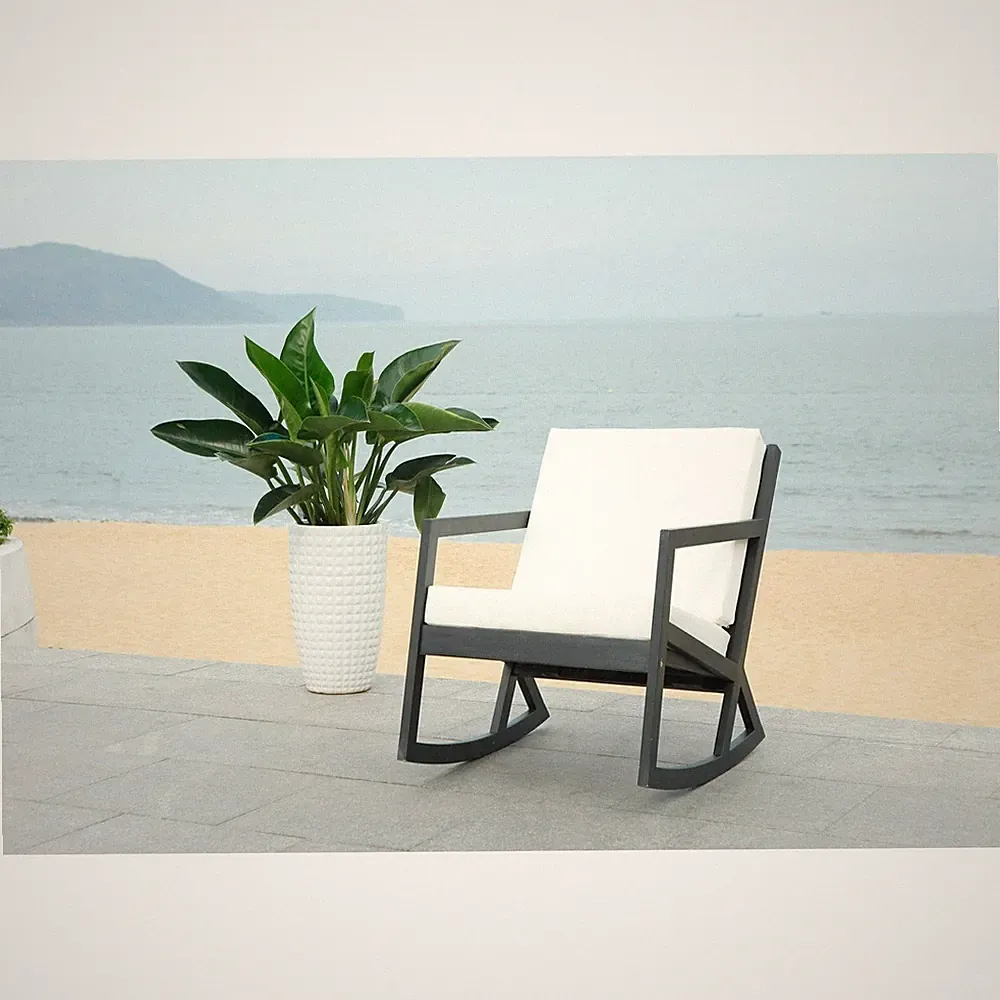 SAFAVIEH Vernon Black Outdoor Rocking Chair W/ White Cushions - 25.6 W X 37.7 D
